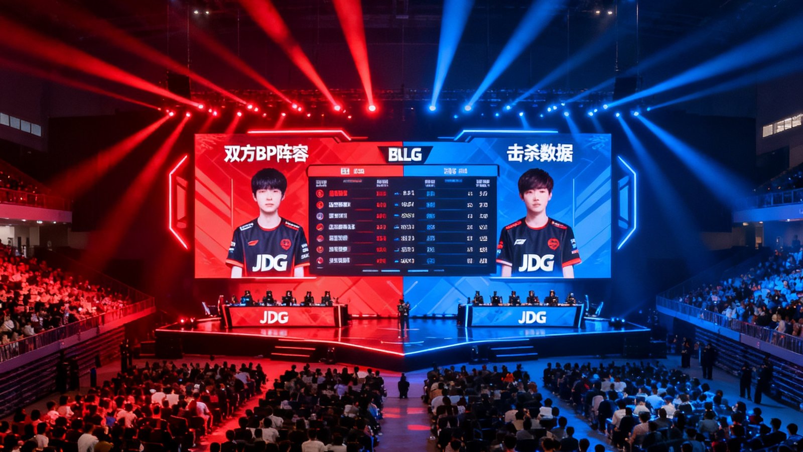 LPL春季赛JDG战队与BLG战队在成都主场进行激烈对决的舞台全景照片，舞台灯光以红蓝双色交错，现场观众席座无虚席，大型LED屏幕实时显示双方BP阵容和击杀数据