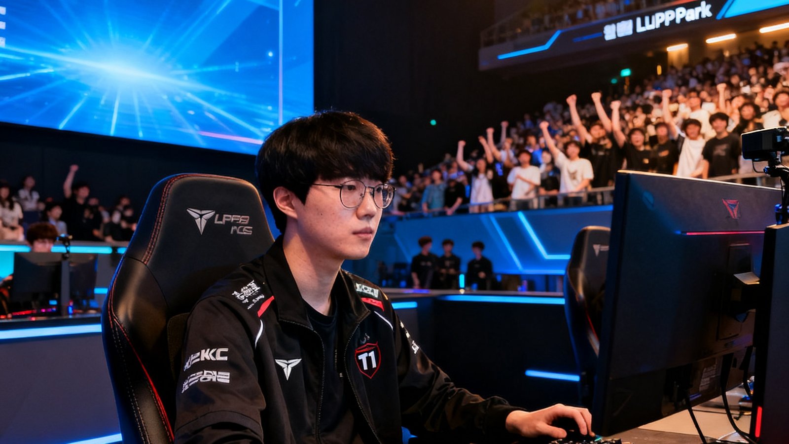 LCK赛区T1战队在首尔LoLPark主场进行比赛，Faker选手坐在中单位置专注操作，背后大屏幕显示实时BP画面和观众区域